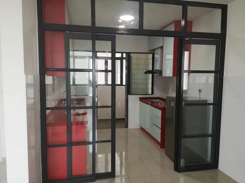 Kitchen features: red cabinetry, white cabinetry, stainless-steel sink, chrome pull-down faucet, built-in oven, freestanding range oven, ceramic tile flooring, recessed downlights, glass partition, open layout, window with natural light, countertop space; style: modern.