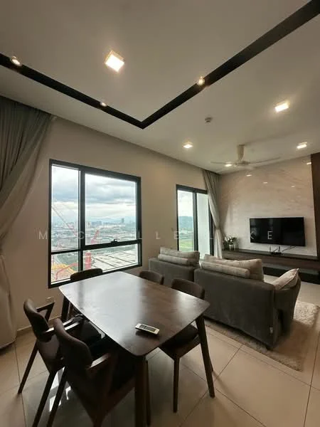 Living features: floor-to-ceiling windows, grey fabric sofa, 3-seater sofa, wooden dining table, 4 dining chairs, recessed downlights, ceiling fan, TV console, wall-mounted TV, decorative wall panel, neutral wall color, light-colored flooring, area rug; style: modern; view: city.