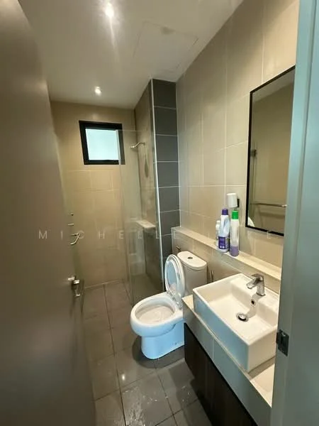 Bathroom features: single-sink vanity with wood cabinet, chrome basin mixer faucet, framed mirror, one-piece toilet, walk-in shower with glass enclosure, rain shower head, tile cladding on walls, grey ceramic tile flooring, recessed downlights, window for natural light; style: modern.
