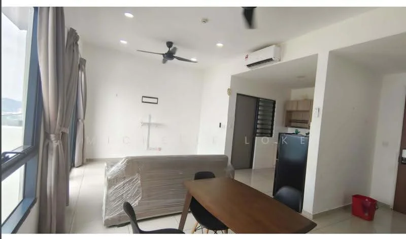 Living features: 3-seater sofa wrapped in plastic, wooden dining table, 4 dining chairs, ceiling fan, wall-mounted air conditioning unit, floor-to-ceiling windows, light-colored tiled flooring, curtains on windows, wall with no visible decor; style: modern; view: city.