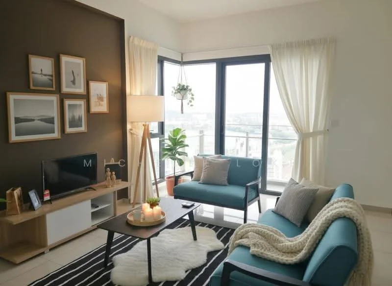 Living features: floor-to-ceiling windows, sheer curtains, light grey accent wall, beige walls, 2-seater fabric sofa in teal, 3-seater fabric sofa in teal, black and white striped area rug, wooden coffee table, TV console with storage, wall-mounted TV, decorative plant, framed artwork on walls, table lamp, decorative candles; style: modern; view: city.