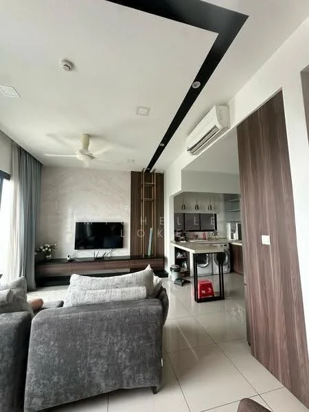 Living features: grey fabric 3-seater sofa, wall-mounted TV, wooden TV console, recessed ceiling with black trim, ceiling fan, wall-mounted air conditioning unit, large windows with sheer curtains, white painted walls, tile flooring, decorative wall paneling, open layout to kitchen, potted plants; style: modern; view: city. Kitchen features: kitchen island, stainless-steel fridge, built-in oven, ceramic cooktop, wooden cabinetry, open shelving, countertop with bar stools, tile backsplash; style: modern.