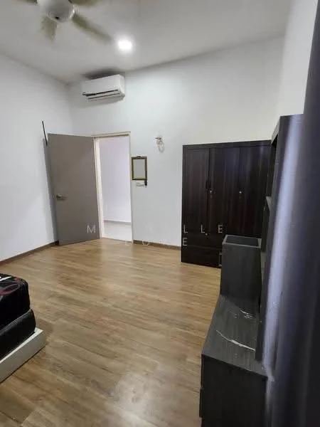 Bedroom features: wooden flooring, white painted walls, ceiling fan, 1 wall-mounted split AC, built-in wardrobe in dark wood, study desk in dark wood, door leading to another room, mirror on wall.