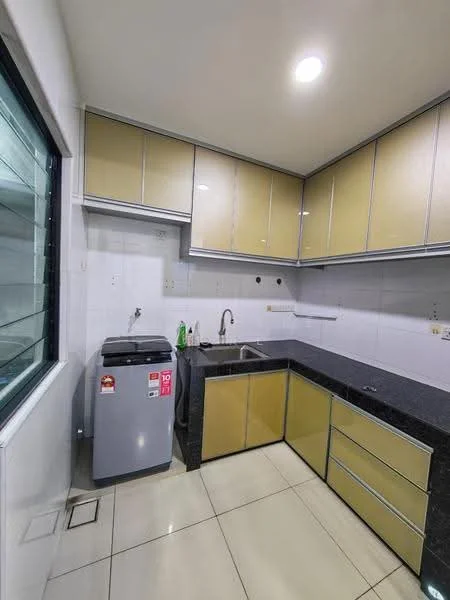 Kitchen features: yellow cabinetry, black granite countertop, single-bowl stainless-steel sink, chrome pull-down faucet, white tiled walls, ceramic tile flooring, built-in upper cabinets, washing machine, refrigerator, window with glass panes; style: modern.