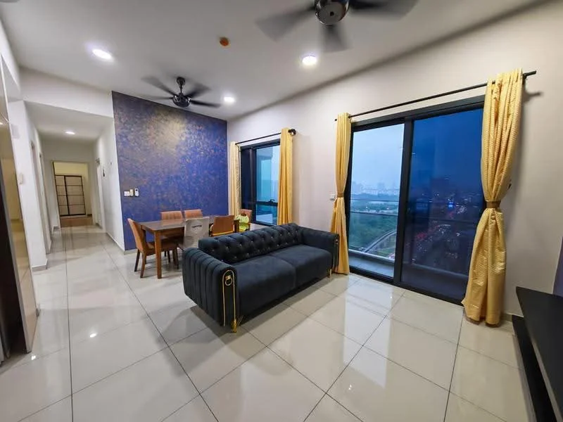 Living features: 3-seater fabric sofa in dark blue, dining table with 4 chairs, floor-to-ceiling windows, grey tiled flooring, blue accent wall with textured finish, yellow curtains, ceiling fan with light, wall-mounted TV console, decorative wall art, open layout, city view; style: modern; view: city.