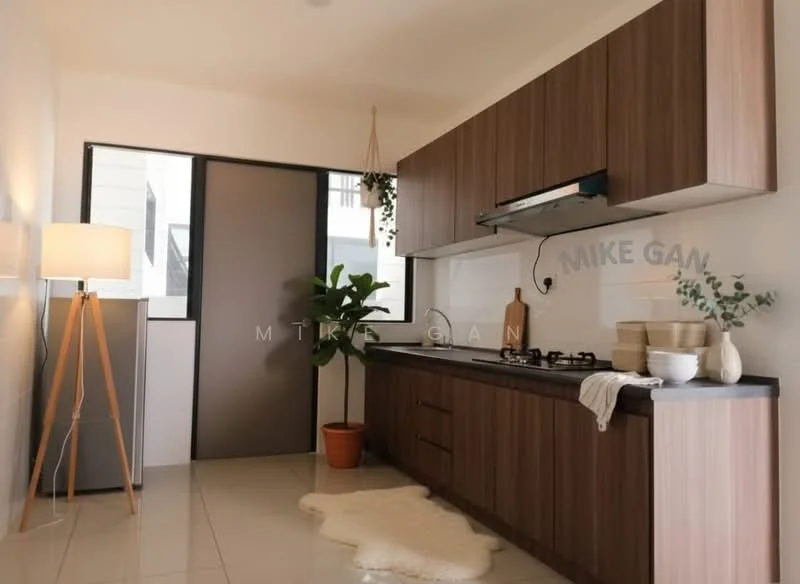 Kitchen features: brown wooden cabinetry, black countertop, stainless-steel gas hob, stainless-steel range hood, single-bowl stainless-steel sink, white ceramic backsplash, floor-to-ceiling window, light-colored tile flooring, decorative potted plant, standing lamp with wooden tripod base, white dishware on countertop, area rug with fluffy texture; style: modern.