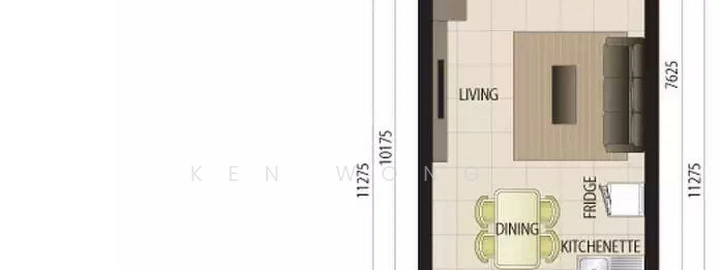 Floor plan: features: open-plan kitchen-dining-living, kitchenette, dining area, living area, fridge.