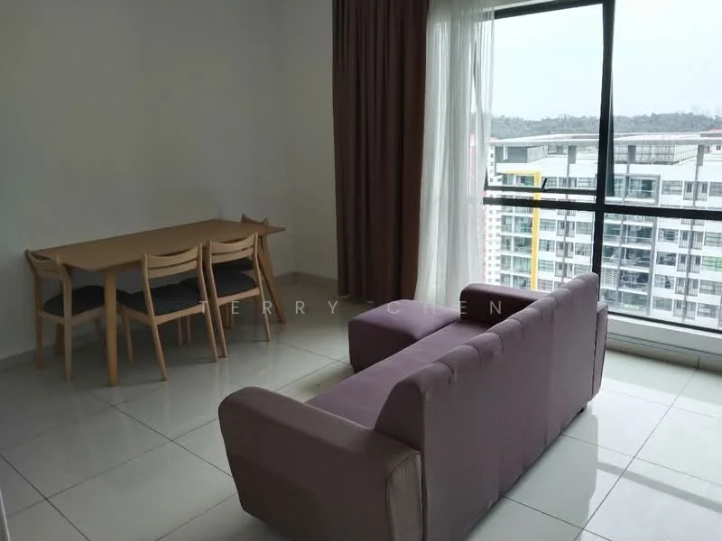 Living features: grey fabric sofa, 4-seater dining table, wooden dining chairs, large floor-to-ceiling window, curtains, white painted walls, glossy tile flooring, city view; style: modern; view: city.
