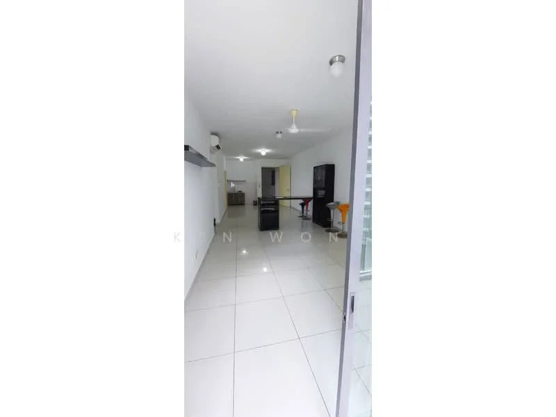Room features: white painted walls, glossy white tile flooring, recessed downlights, 2-blade ceiling fan, kitchen cabinetry, black refrigerator, black dining table, black chairs, open layout, floor-to-ceiling windows, sliding glass door; style: modern; view: city.