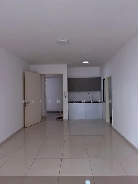 Living features: white painted walls, glossy ceramic tile flooring, recessed downlights, single door, open layout, kitchen area visible, no visible furniture, neutral color scheme; style: modern. Kitchen features: white cabinetry, black countertop, kitchen area with sink, no visible appliances, open layout to living area; style: modern.