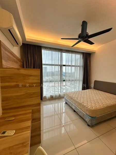 Bedroom features: king-size bed frame without mattress, 5-blade ceiling fan with light, floor-to-ceiling windows, sheer curtains, wooden accent wall, white painted walls, glossy tile flooring, built-in study desk, air conditioning unit; style: modern; view: city.