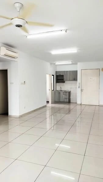 Living features: white painted walls, glossy ceramic tile flooring, 5-blade ceiling fan with light, 1 wall-mounted split AC, kitchen area with grey cabinetry, stainless-steel sink, built-in oven, recessed LED downlights, door leading to hallway, door leading to kitchen, neutral color scheme; style: modern.