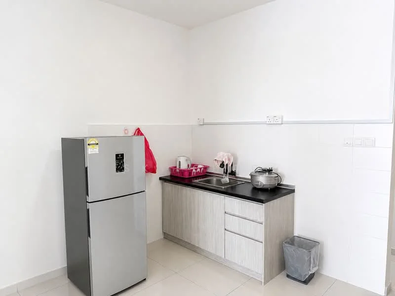 Kitchen features: grey stainless-steel fridge, black countertop, wood cabinetry, double-bowl stainless-steel sink, chrome pull-down faucet, white tiled backsplash, white walls, ceramic tile flooring, kettle, pot, pink storage basket, trash bin; style: modern.