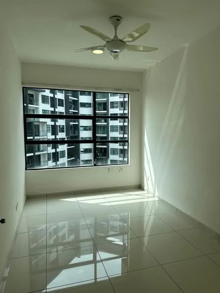 Room features: white painted walls, glossy ceramic tile flooring, 5-blade ceiling fan with light, floor-to-ceiling windows, city view, natural light from window, window treatments not visible; style: modern; view: city.