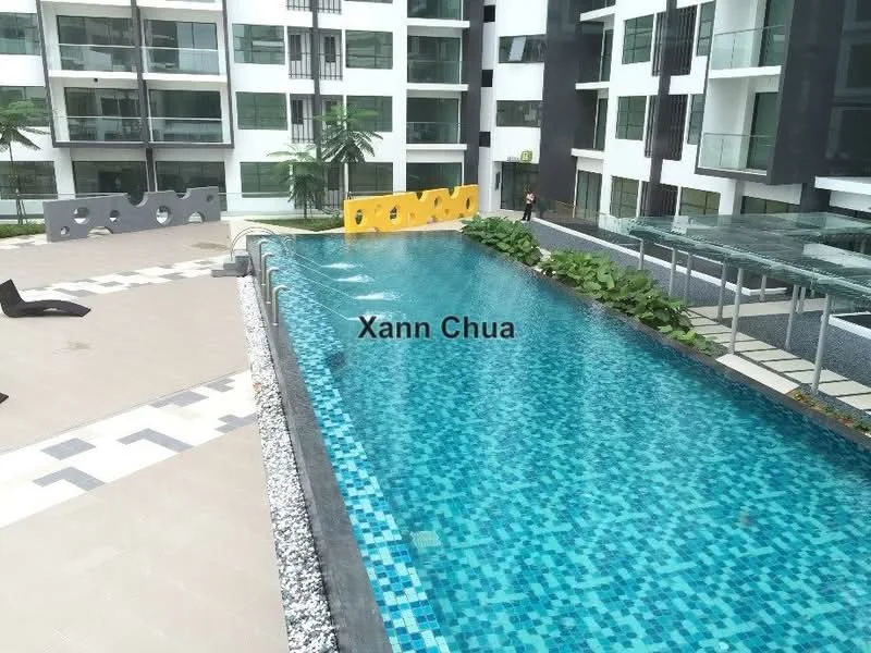 Exterior type: high-rise condominium; features: infinity pool, pool deck with loungers, landscaped garden with plants, modern architecture, glass railings, manicured lawn, decorative stone pathway, children's play area with colorful structures; style: modern.