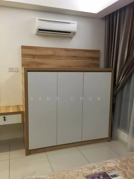 Room features: built-in wardrobe with grey doors, wooden paneling above wardrobe, wall-mounted split AC, cream curtains, white walls, tile flooring, recessed ceiling lights; style: modern.