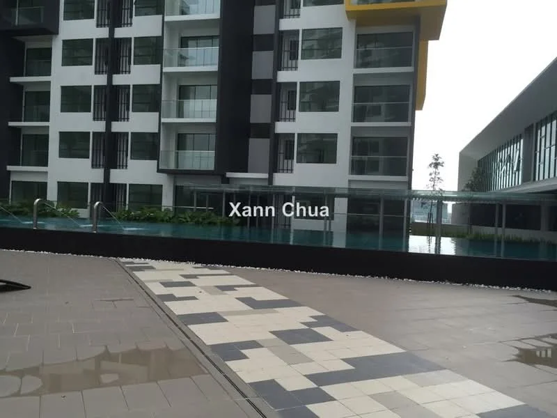 Exterior type: high-rise condominium; features: glass curtain wall, white painted facade, black accents, infinity pool, pool deck with loungers, manicured landscaping, tiled walkway, surrounded by greenery; style: modern.
