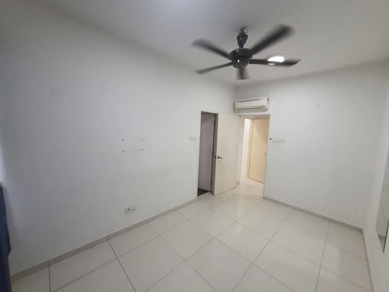 Room features: white painted walls, white ceiling, ceiling fan, wall-mounted air conditioning unit, tile flooring, doorway leading to another room, mirror on wall, light switch, no visible furniture; style: modern.