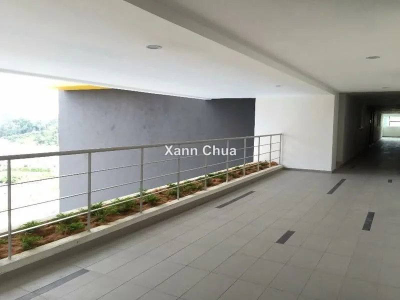 Room features: grey painted walls, white painted walls, tile flooring, railings, indoor plants, natural light from windows, ceiling lights; style: modern; view: garden.
