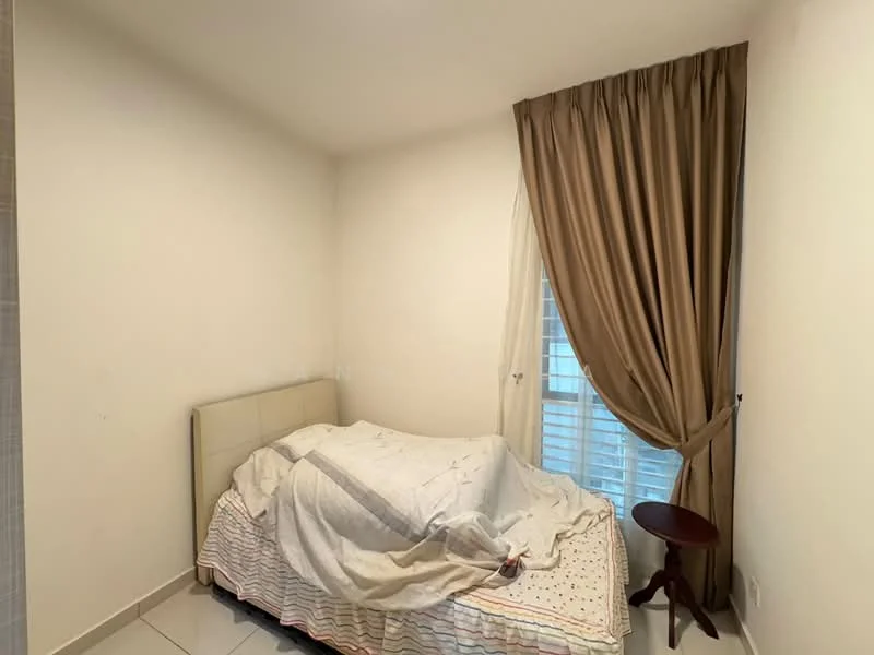 Bedroom features: single bed with upholstered headboard, white bedding, cream painted walls, floor-to-ceiling window, sheer curtains, brown wooden side table, tile flooring, decorative throw blanket; style: minimalist.