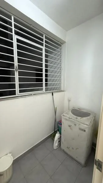 Laundry features: top-load washing machine, grey tile flooring, white painted walls, window with security bars, cleaning supplies, mop, bucket, laundry detergent, light fixture.