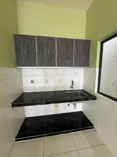 Kitchen features: black granite countertop, single-bowl stainless-steel sink, chrome pull-down faucet, grey upper cabinets with wood grain finish, white tiled backsplash, white tiled walls, white tiled flooring, window with black frame; style: modern.