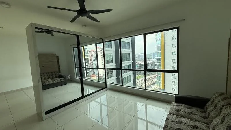 Living features: large floor-to-ceiling windows, grey tiled flooring, white painted walls, ceiling fan, sofa with patterned upholstery, mirrored partition, natural light from windows, city view; style: modern; view: city.
