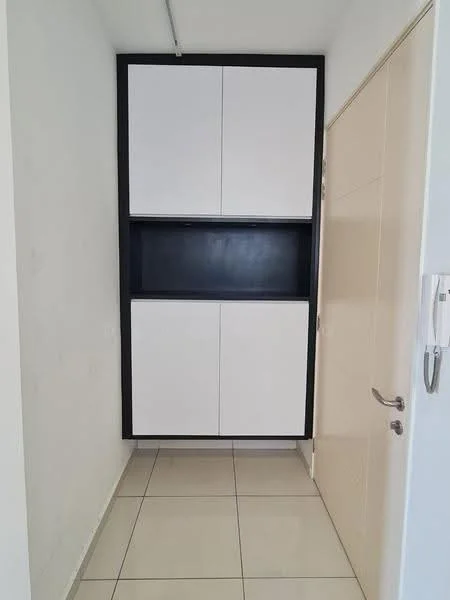 Room features: white painted walls, black accent cabinetry, built-in storage cabinets, glossy tile flooring, single door, intercom panel, light fixture, neutral color scheme; style: modern.