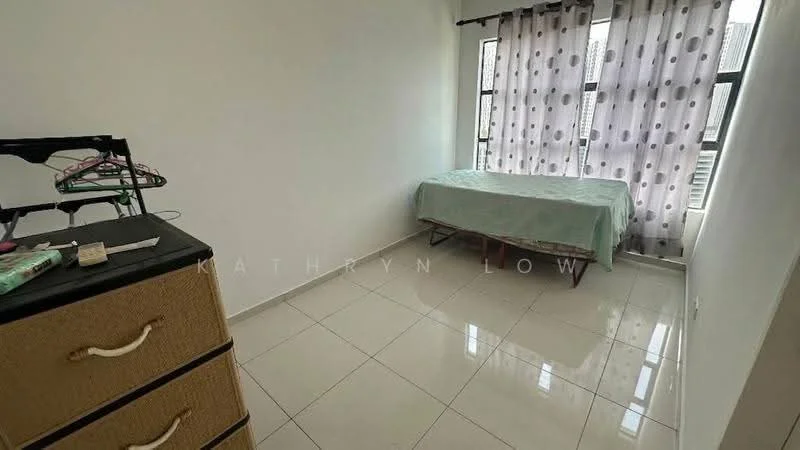 Bedroom features: white painted walls, glossy tile flooring, floor-to-ceiling windows, sheer curtains with polka dots, single bed with light green bedding, black dresser with drawers, minimalist decor, natural light from window; style: modern.