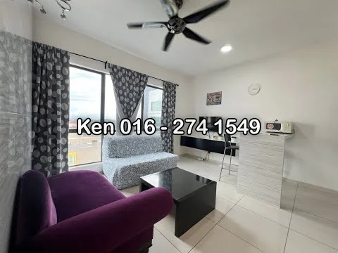Living features: grey fabric sofa, purple armchair, black coffee table, white walls, tile flooring, floor-to-ceiling windows, sheer curtains with polka dots, recessed downlights, wall clock; style: modern; view: city.