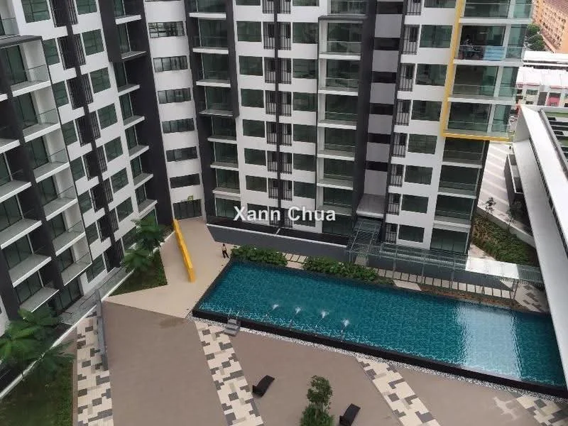 Exterior type: high-rise condominium; features: swimming pool, pool deck with loungers, landscaped garden, glass curtain wall facade, yellow accent feature, surrounded by greenery, multiple storeys, modern architectural design; style: modern.