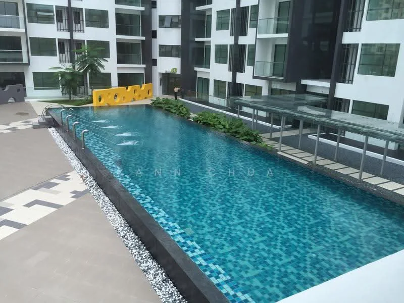 Exterior type: mid-rise condominium; features: infinity pool, pool deck with loungers, landscaped garden with plants, glass pavilion, tiled pool surface, surrounding residential balconies, decorative stone border, paved walkway; style: modern.