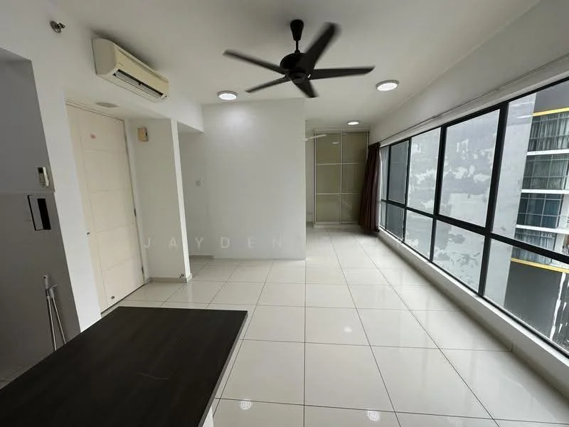 Living features: white painted walls, glossy white tile flooring, 5-blade ceiling fan with light, floor-to-ceiling windows, curtains, air conditioning unit, recessed downlights, open layout; style: modern; view: city.