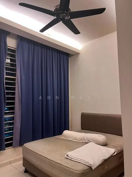 Bedroom features: queen-size bed, upholstered headboard, white bedding, 2 white pillows, ceiling fan with 3 blades, blue curtains, window with horizontal slats, cream painted walls, tile flooring, decorative wall light; style: modern; view: city.