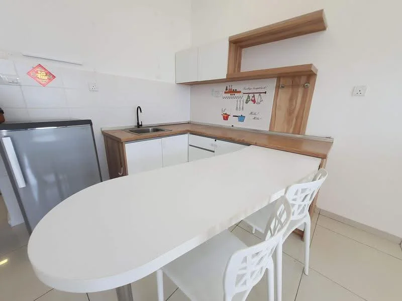 Kitchen features: single-bowl stainless-steel sink, chrome pull-down faucet, white cabinetry, wooden countertop, white wall tiles, grey fridge, open shelving, breakfast bar with seating, ceramic tile flooring, decorative wall art; style: modern.