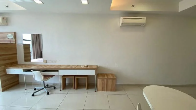 Study features: white painted walls, glossy tile flooring, 1 wall-mounted split AC, wooden desk with drawers, white chair on wheels, wooden bench, mirror on wall, recessed downlights; style: modern.