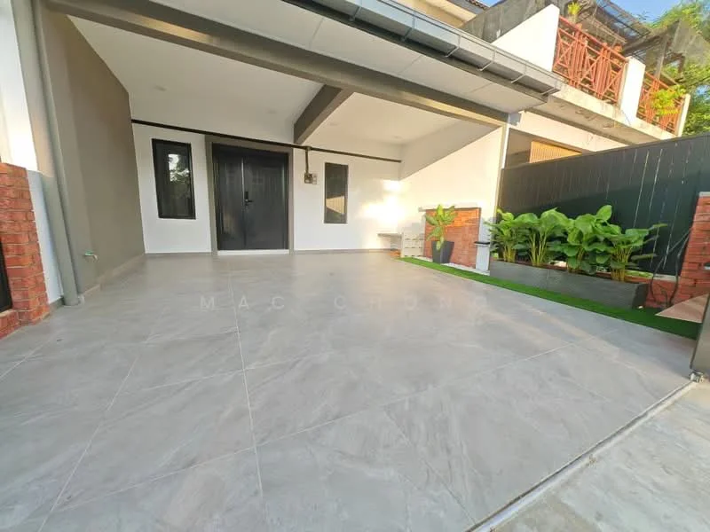 Exterior type: linked terrace house; features: grey tiled flooring, white painted walls, black front door, brick feature wall, green landscaping with plants, covered porch area, sliding glass door, outdoor lighting; style: modern.