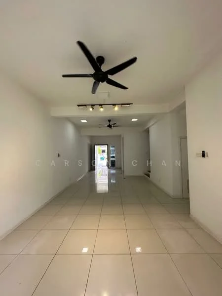 Room features: white painted walls, glossy ceramic tile flooring, 5-blade ceiling fan with light, recessed downlights, open layout, large windows, doorway leading outside, neutral color scheme; style: modern.