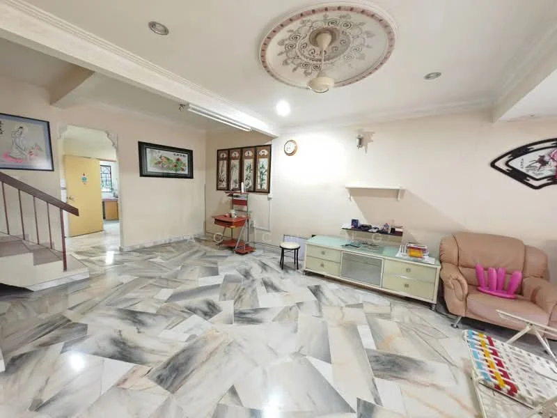 Living features: marble flooring, white painted walls, tray ceiling with decorative medallion, ceiling fan, wall-mounted TV, glass coffee table, beige leather sofa, decorative wall art, built-in shelving unit, area rug with geometric pattern; style: contemporary.