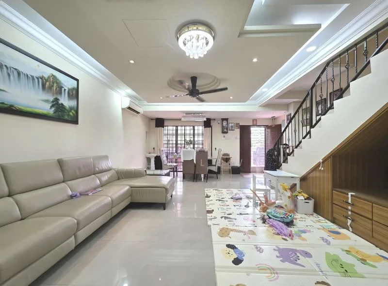 Living features: 3-seater leather sofa in beige, coffee table, area rug with playful design, ceiling fan with light, recessed downlights, wall-mounted artwork, white painted walls, marble tile flooring, large windows with natural light, open layout to dining area, staircase with wooden railing; style: modern.