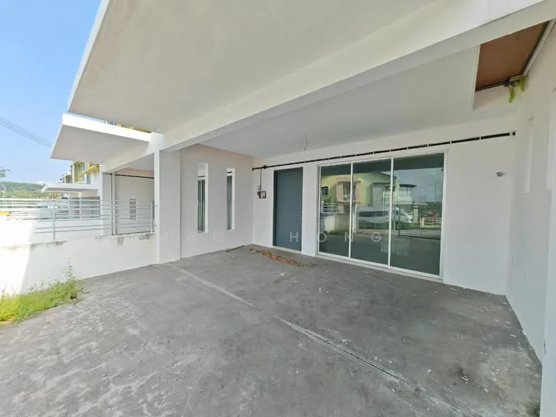 Exterior features: concrete flooring, sliding glass door, white painted walls, overhang roof, exposed concrete, surrounded by greenery; style: modern.