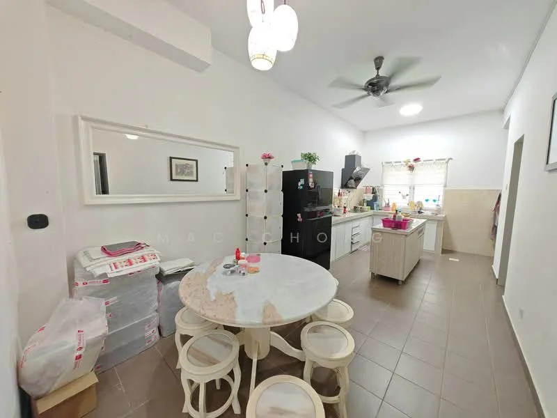 Kitchen features: white painted walls, grey tiled flooring, 5-blade ceiling fan with light, recessed downlights, round marble dining table, 4 white wooden chairs, black refrigerator, black kitchen cabinets, white countertop, sink, kitchen hood, window with sheer curtains; style: modern.