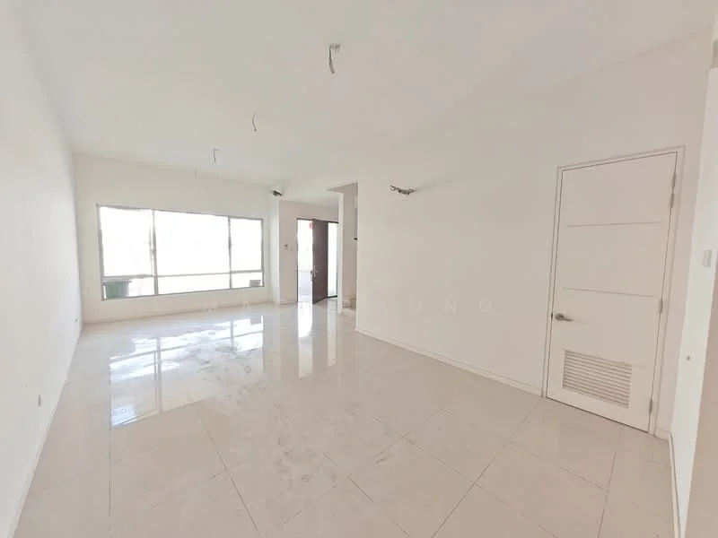 Room features: white painted walls, polished ceramic tile flooring, large windows, doorway leading to another room, recessed lighting, air vent, neutral color scheme; style: modern.