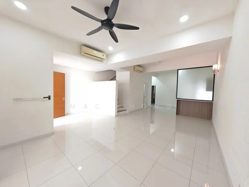 Living features: white painted walls, glossy white tile flooring, 5-blade ceiling fan in black, recessed downlights, large window, air conditioning unit, staircase leading to upper floor, open layout, wall-mounted TV area, neutral color palette; style: modern.