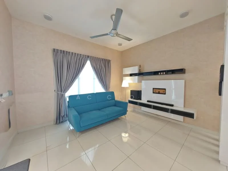 Living features: blue fabric sofa, white wall-mounted TV console, built-in shelving, floor-to-ceiling window, sheer curtains, recessed ceiling lights, 5-blade ceiling fan, glossy tile flooring, light beige painted walls; style: modern.