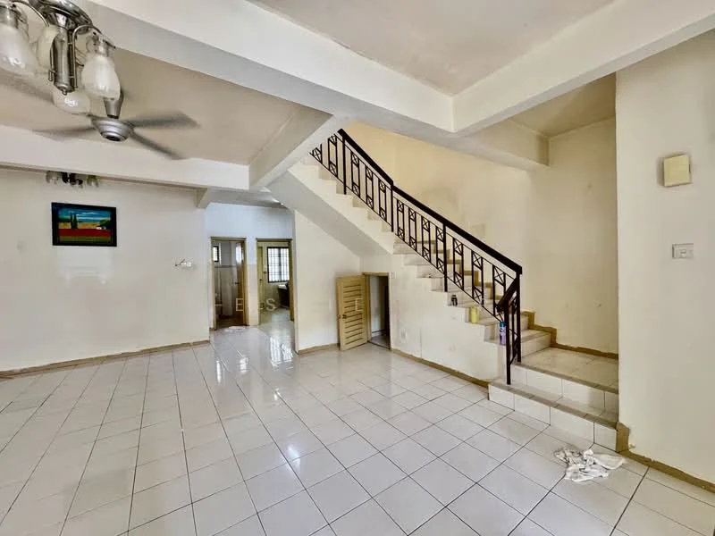 Living features: white painted walls, ceramic tile flooring, staircase with metal railing, ceiling fan, recessed downlights, wall-mounted light fixture, framed artwork, open layout; style: modern.