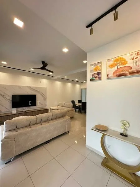 Living features: 3-seater fabric sofa in beige, wall-mounted TV, TV console with wood finish, marble feature wall, recessed LED downlights, ceiling fan, white painted walls, glossy tile flooring, decorative wall art, side table with decorative plant; style: modern.