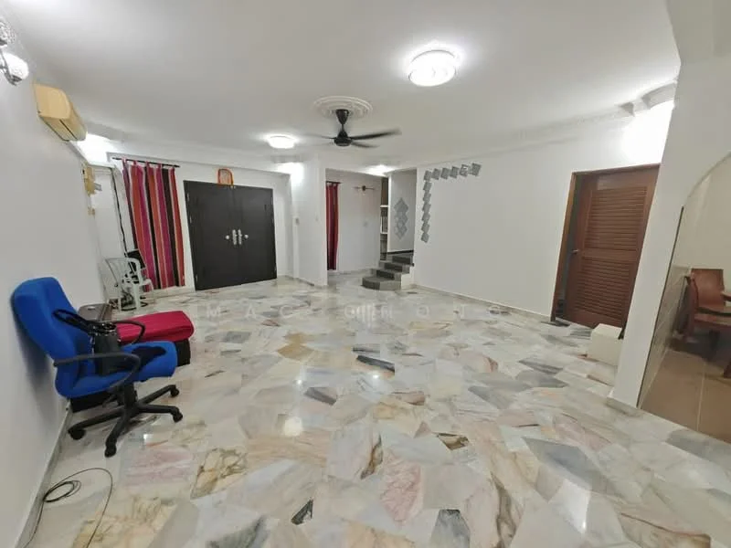 Living features: marble flooring, white painted walls, 5-blade ceiling fan with light, wall-mounted air conditioning unit, sliding door, red and white striped curtains, blue office chair, red upholstered chair, decorative wall paneling, recessed lighting, built-in storage cabinet; style: modern.