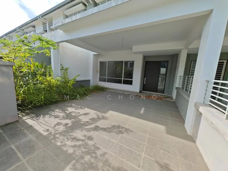 Exterior type: linked terrace house; features: paved walkway, landscaped greenery, front porch area, large windows, white painted facade, flat roof, single-storey, surrounded by plants; style: modern.