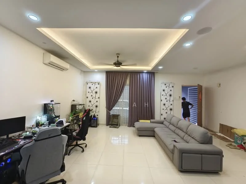 Living features: grey L-shape sectional sofa, white painted walls, glossy white tile flooring, tray ceiling with recessed lighting, 5-blade ceiling fan with light, floor-to-ceiling windows with sheer curtains, wall-mounted air conditioning unit, computer desk with gaming chair, decorative wall panels, curtains in dark purple, open doorway leading to another room; style: modern.